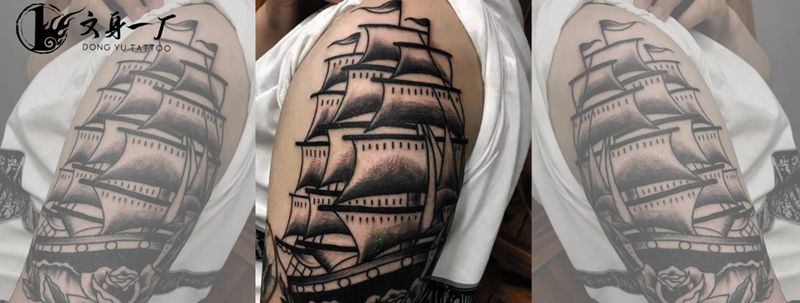 帆船纹身图片_Old School纹身图案