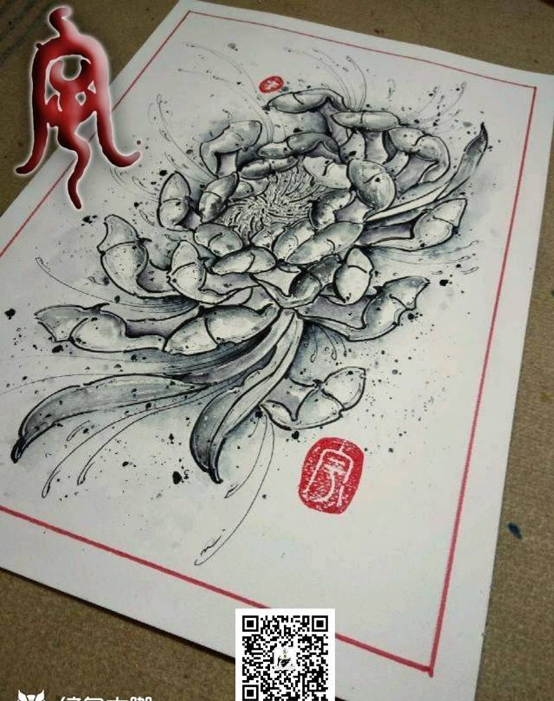 菊花纹身图片_原创宇刺青手稿纹身图案