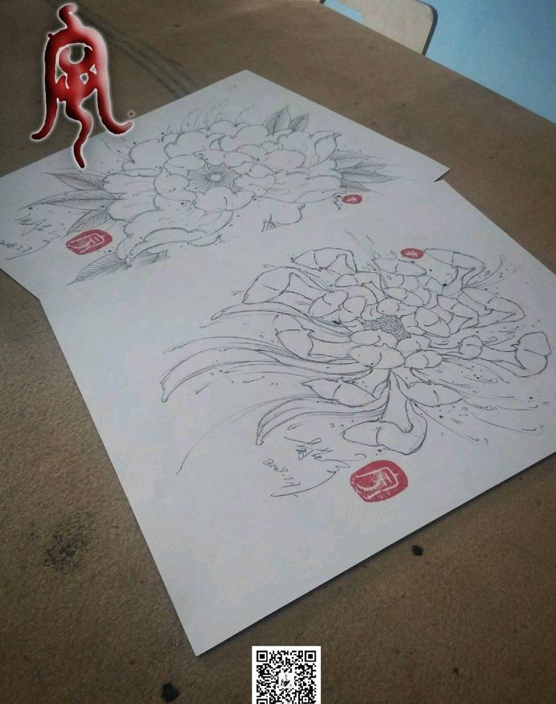 牡丹花、菊花纹身图片_原创宇刺青手稿纹身图案