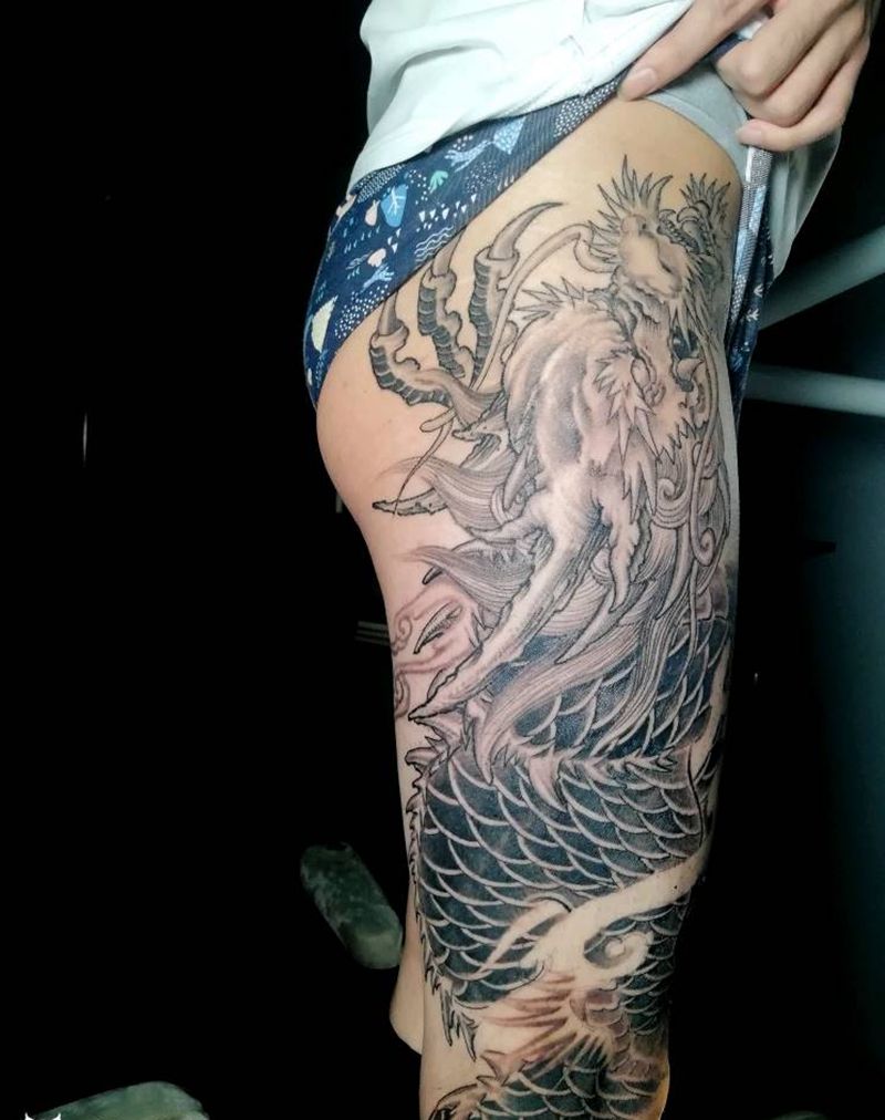 大腿龙纹身图片_腿部新传统龙凤纹身图案