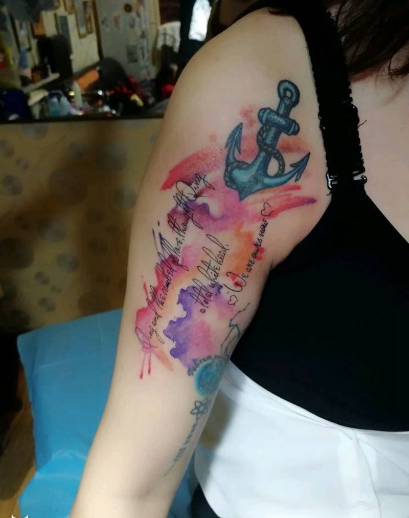 水彩风格纹身图片_肩部清新几何原创成品纹身图案