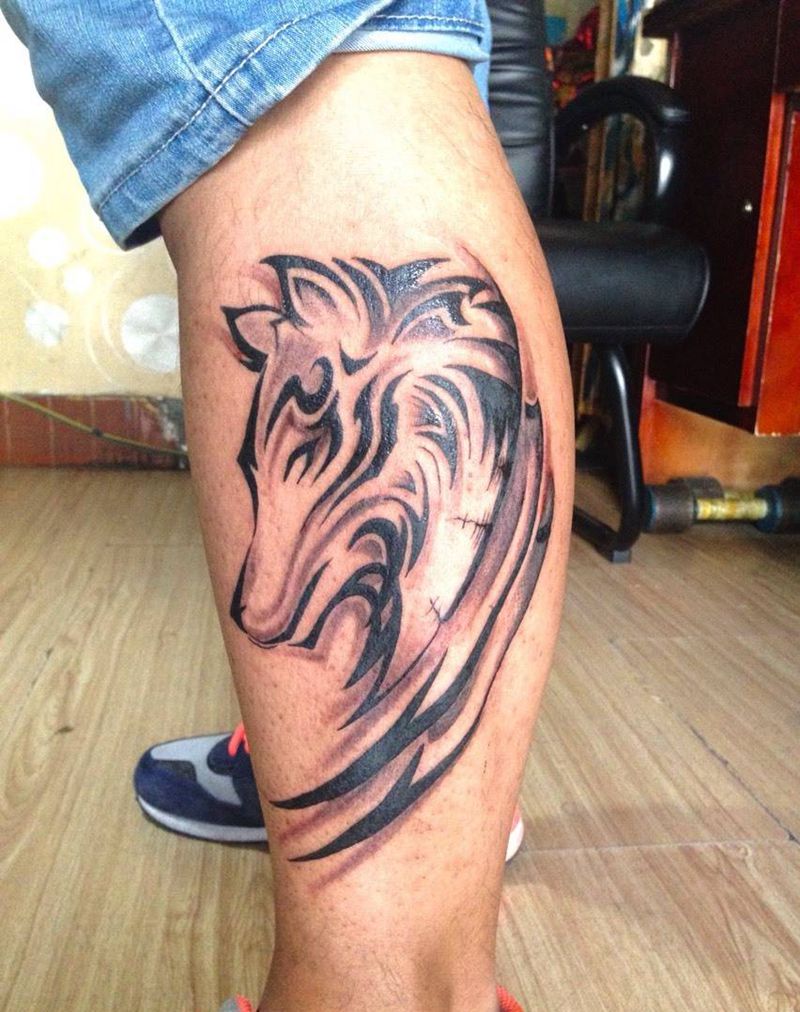 狼图腾纹身图片_成品腿部手臂欧美图腾动物纹身图案