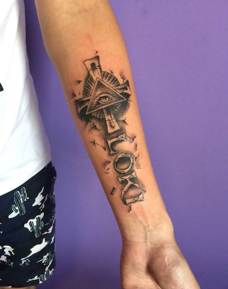 三角眼纹身图片_几何字符写实清新欧美成品手臂纹身图案