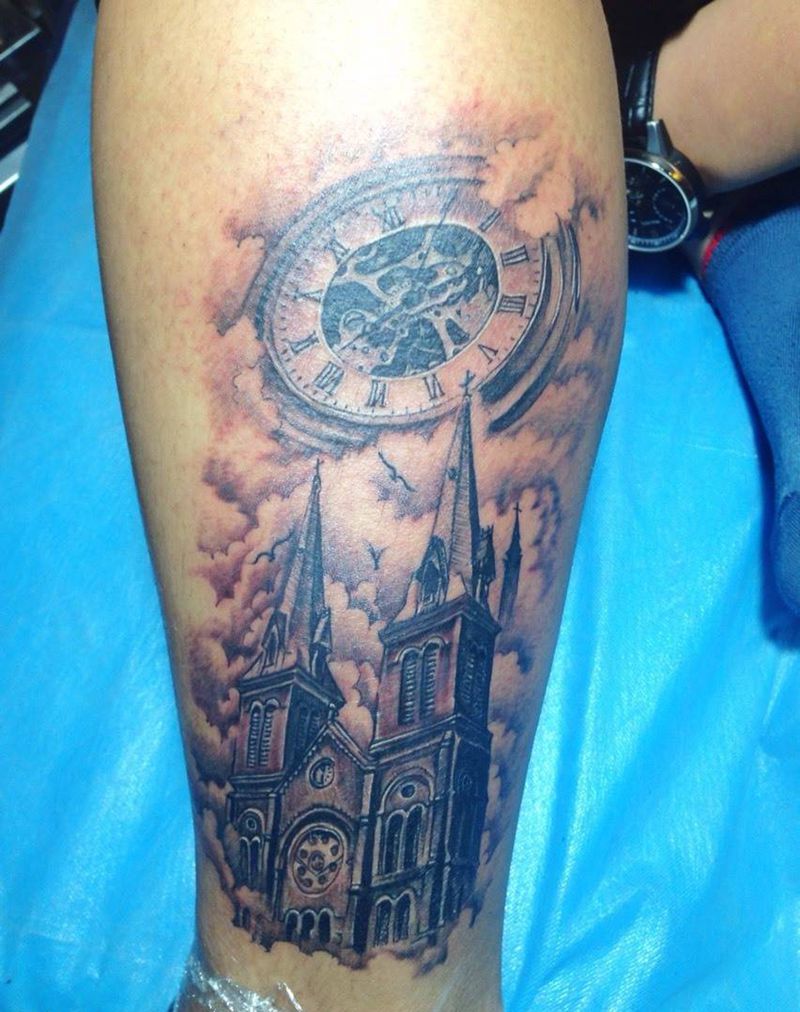 钟楼纹身图片_成品腿部写实欧美静物纹身图案