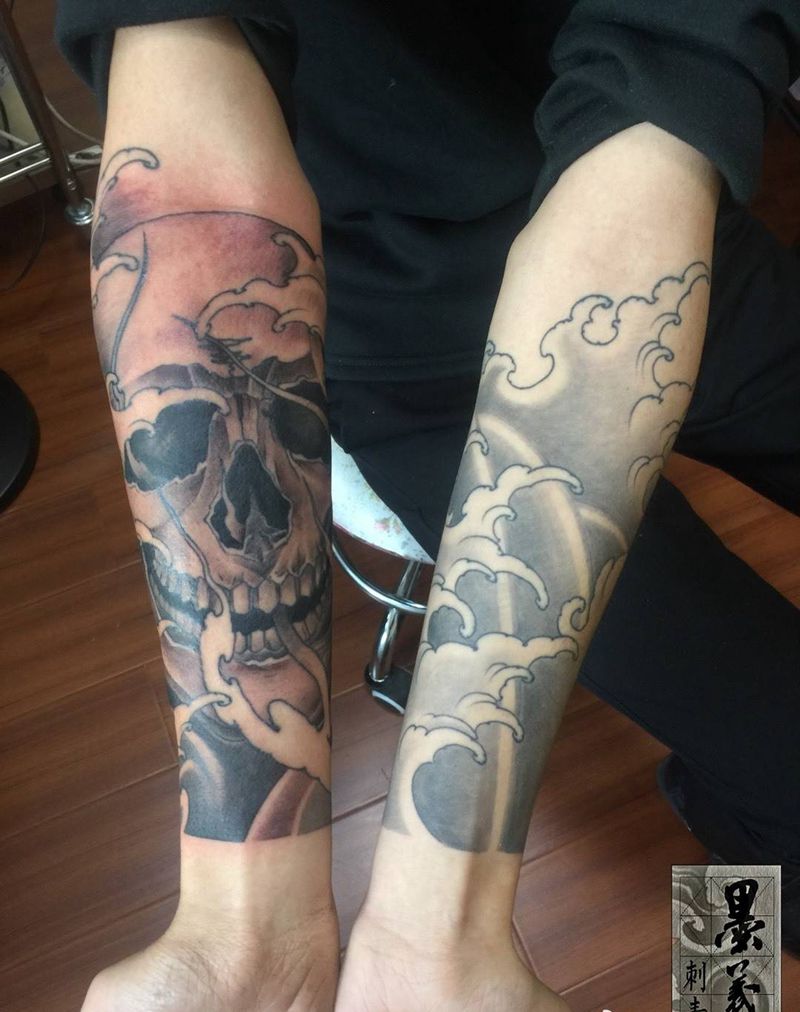 浪花骷髅包小臂纹身图片_成品手臂传统原创纹身图案