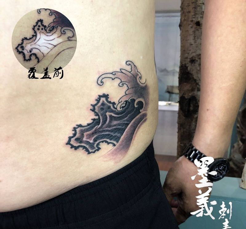 遮盖白癜风纹身图片_国画腰部胸部脚部图腾鬼神欧美插画成品手稿纹身图案