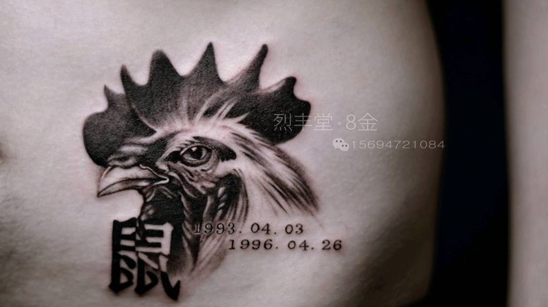 鼠鸡纹身图片_腹部写实动物生肖手稿纹身图案