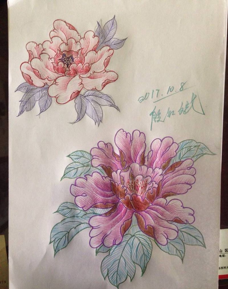 牡丹花手稿纹身图片_手稿传统植物纹身图案