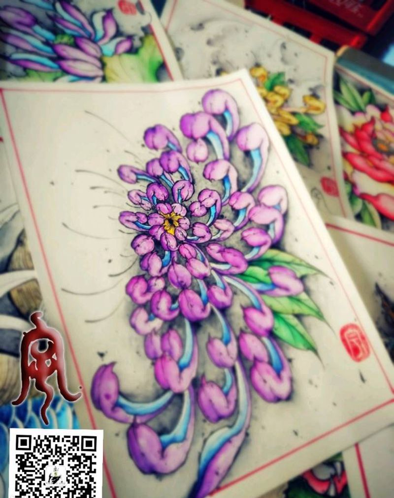 菊花纹身图片_原创宇刺青手稿纹身图案
