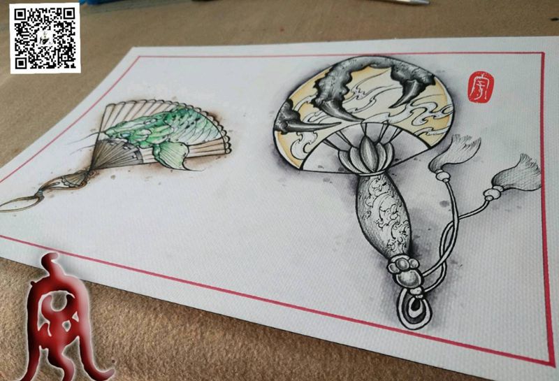 扇子纹身图片_原创宇刺青手稿纹身图案