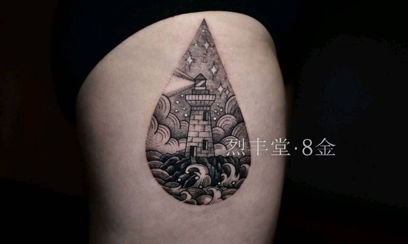 滴纹身图片_腿部几何欧美写实遮盖纹身图案