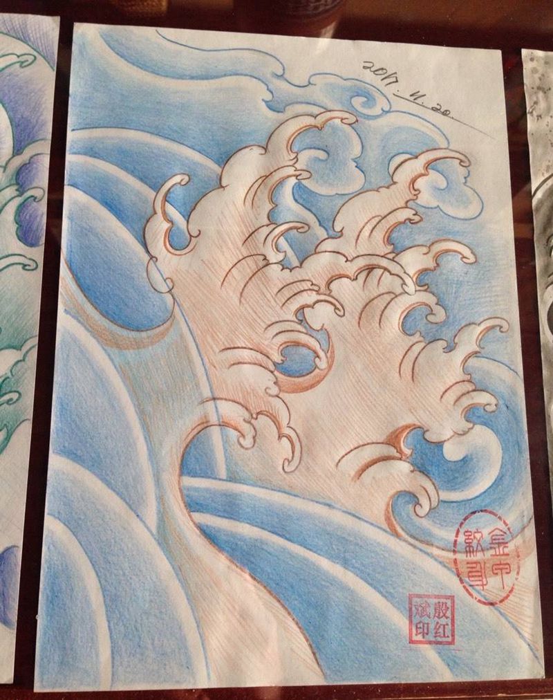 原创水浪纹身图片_手稿传统纹身图案