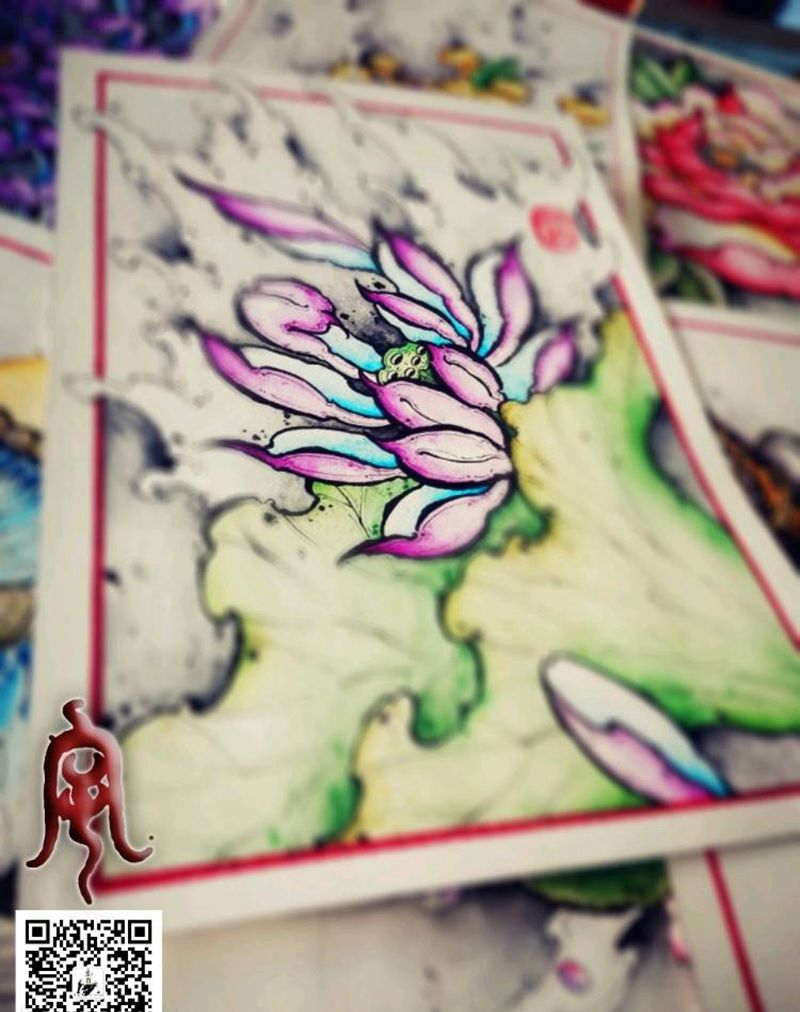 荷花纹身图片_原创宇刺青手稿纹身图案