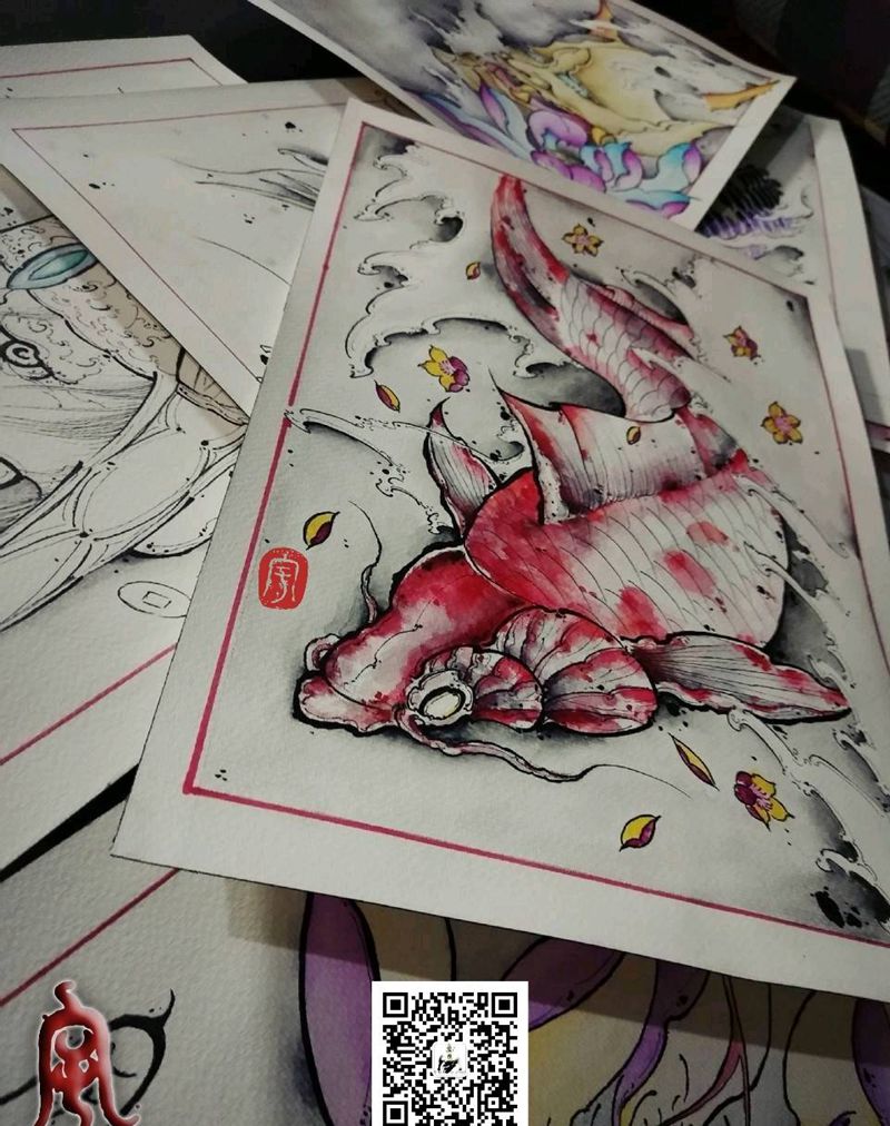 锦鲤纹身图片_原创宇刺青成品手稿纹身图案