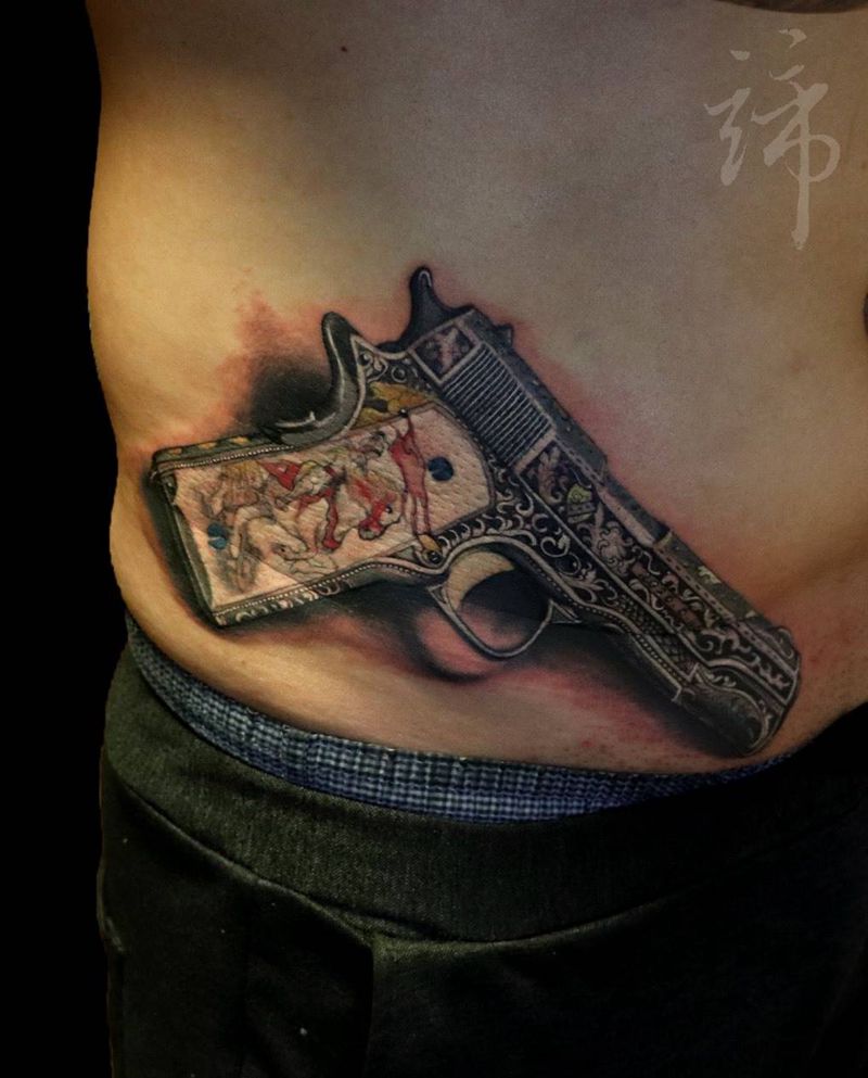 手枪纹身图片_成品腰部胸部背部腿部手臂臀部腹部写实欧美纹身图案