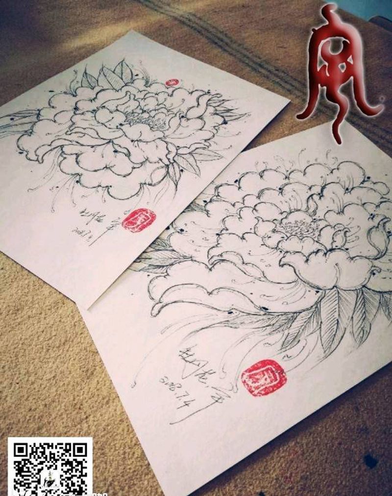 牡丹花纹身图片_原创宇刺青手稿纹身图案