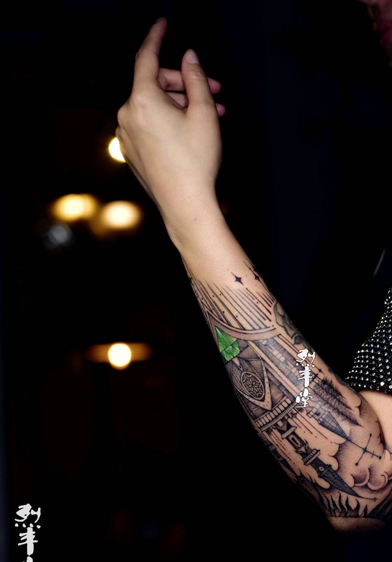 她的大城堡纹身图片_手臂几何欧美写实城堡包小臂原创纹身图案