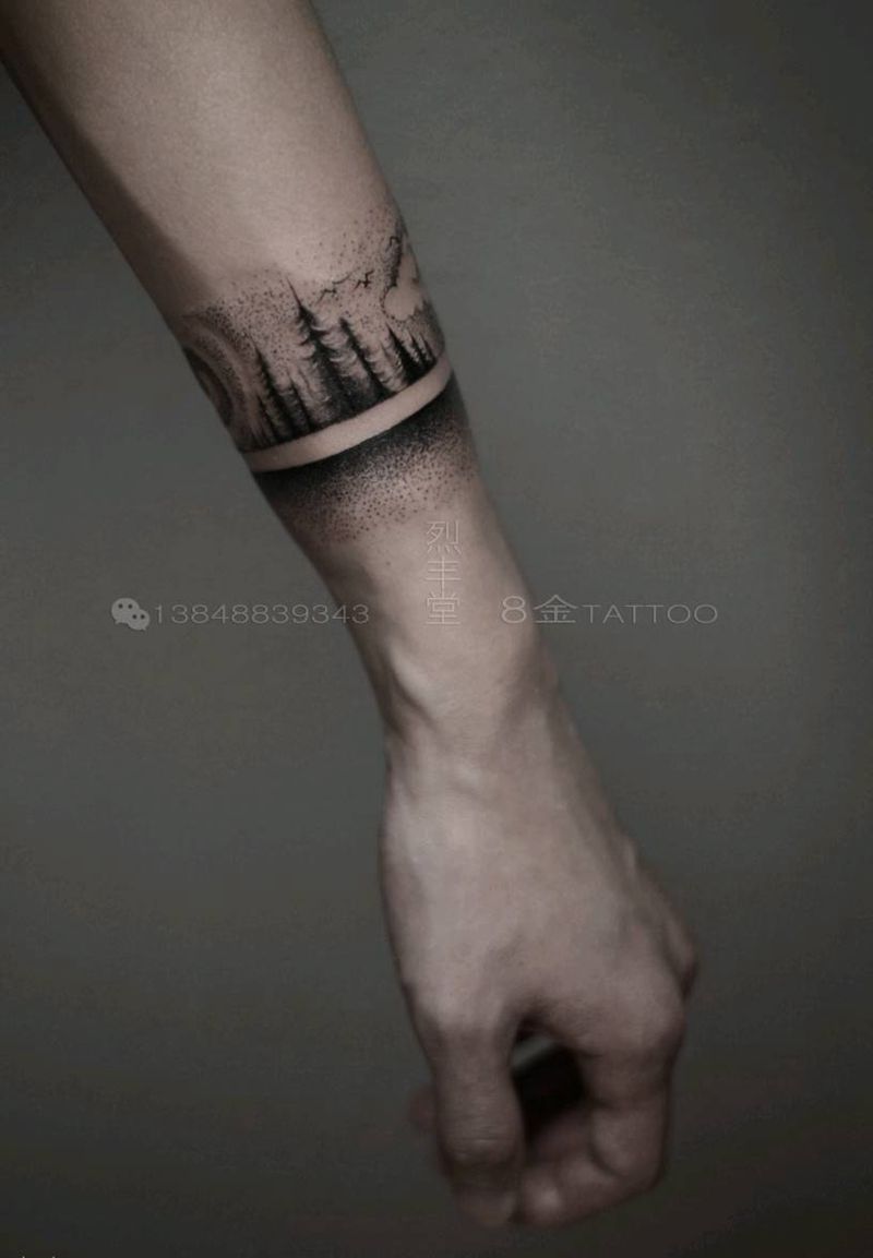 点刺风格臂环纹身图片_手臂欧美几何植物点刺臂环插画纹身图案