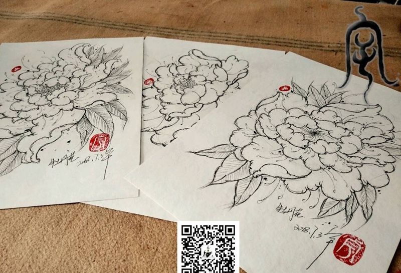 牡丹花纹身图片_原创宇刺青手稿纹身图案