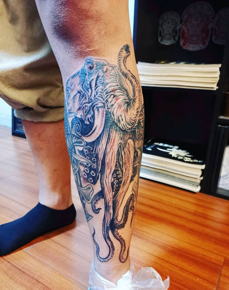 大象八爪鱼纹身图片_腿部纹身图案