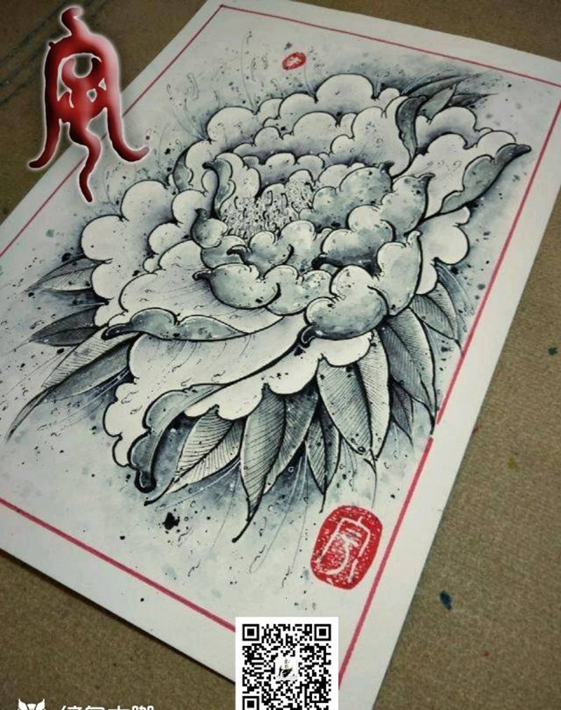 牡丹花纹身图片_原创宇刺青手稿纹身图案
