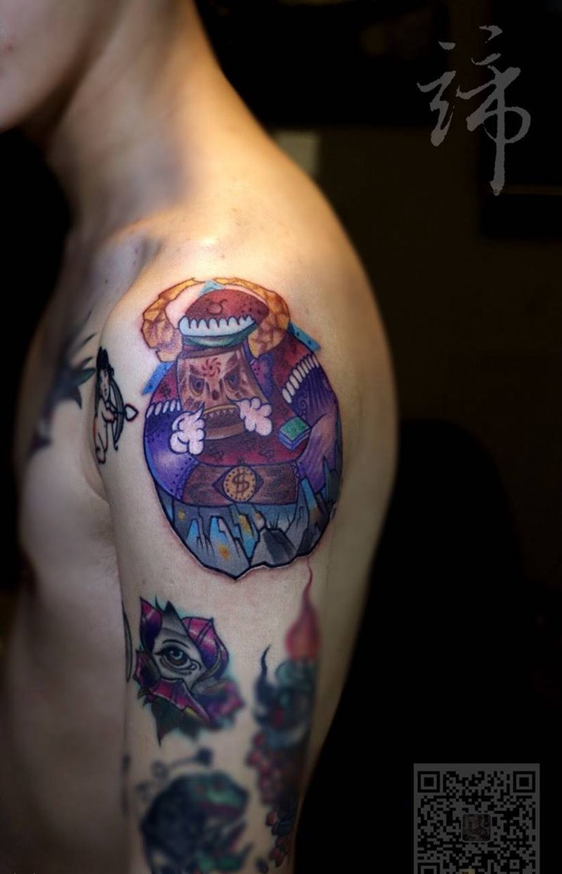 旺财牛纹身图片_成品颈部肩部腹部腰部背部胸部清新传统人物纹身图案