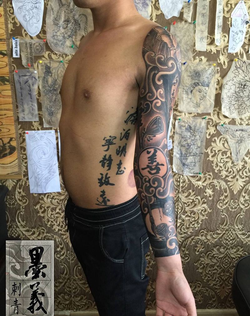 书法花臂纹身图片_成品手臂传统国画原创图腾纹身图案