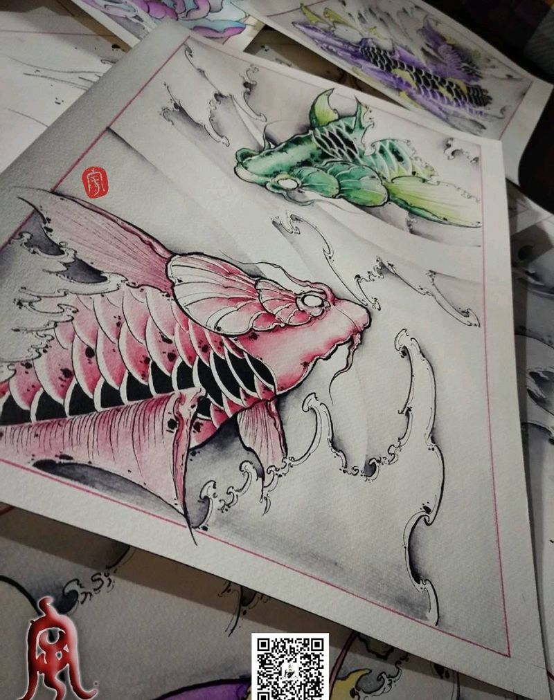 双鱼锦鲤纹身图片_原创宇刺青手稿纹身图案