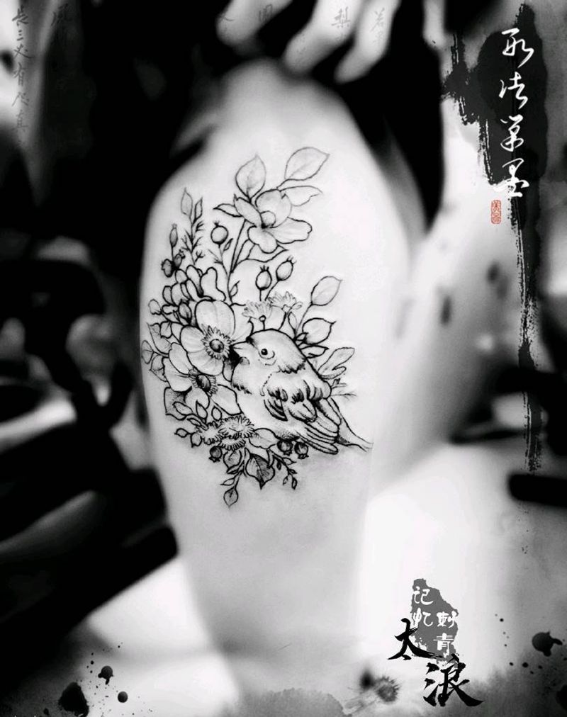 素花纹身图片_点刺素花 鸟纹身图案