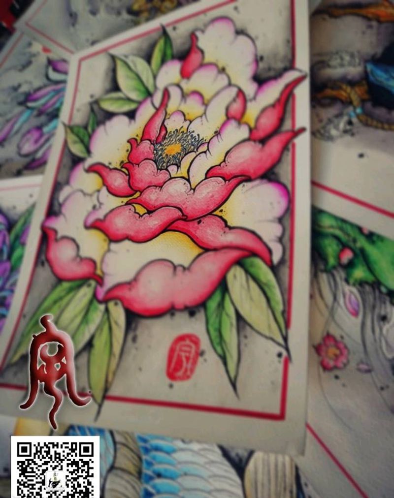牡丹花纹身图片_原创宇刺青手稿纹身图案