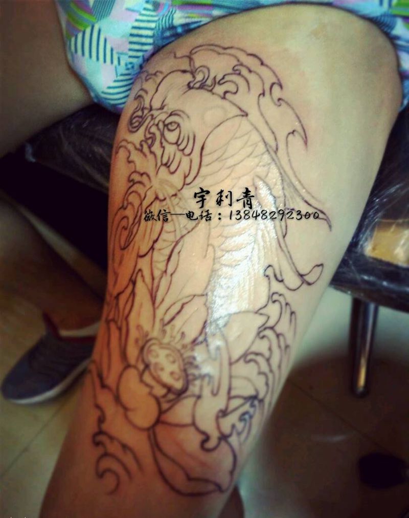 鱼纹身图片_腿部动物未完成作未完成纹身图案