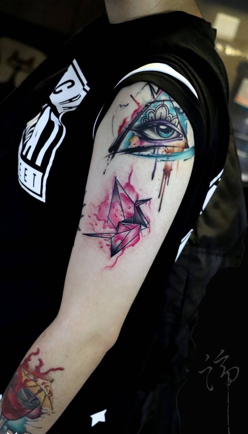 千纸鹤纹身图片_手臂水彩小清新纹身图案