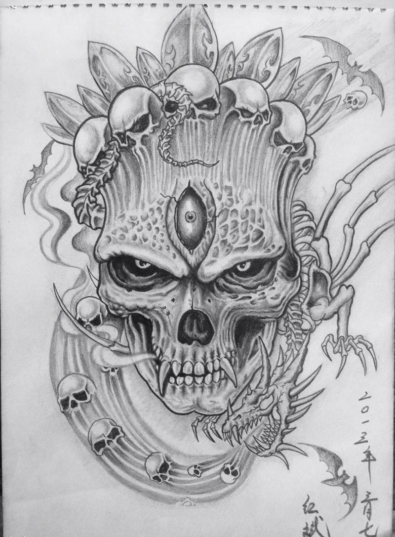 金甲手稿纹身图片_手稿背部腿部手臂传统欧美鬼神纹身图案