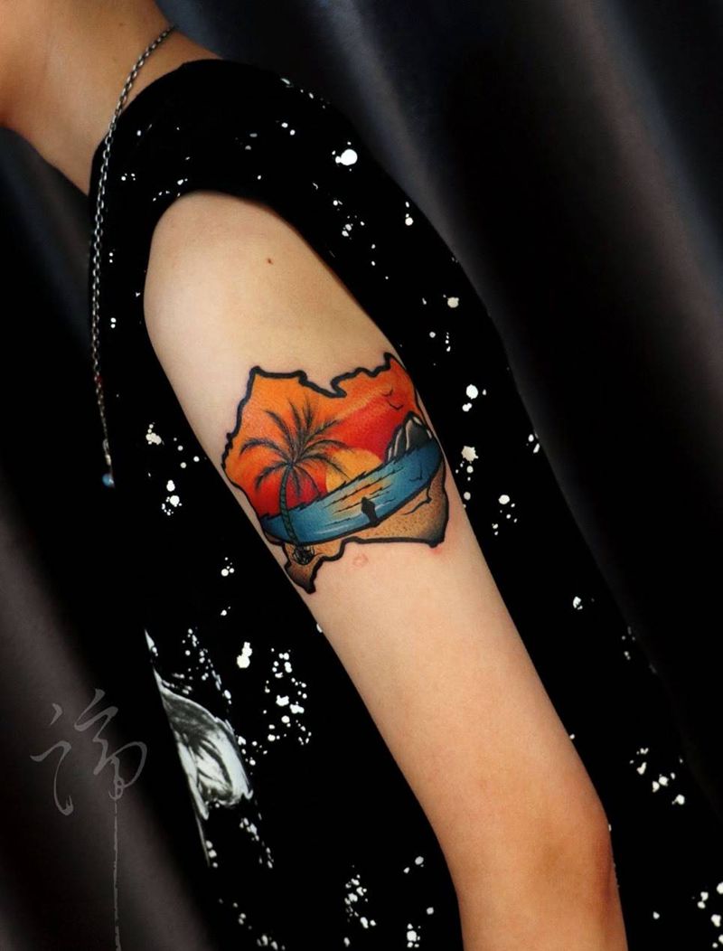 School纹身图片_手臂New School夕阳 海滩纹身图案