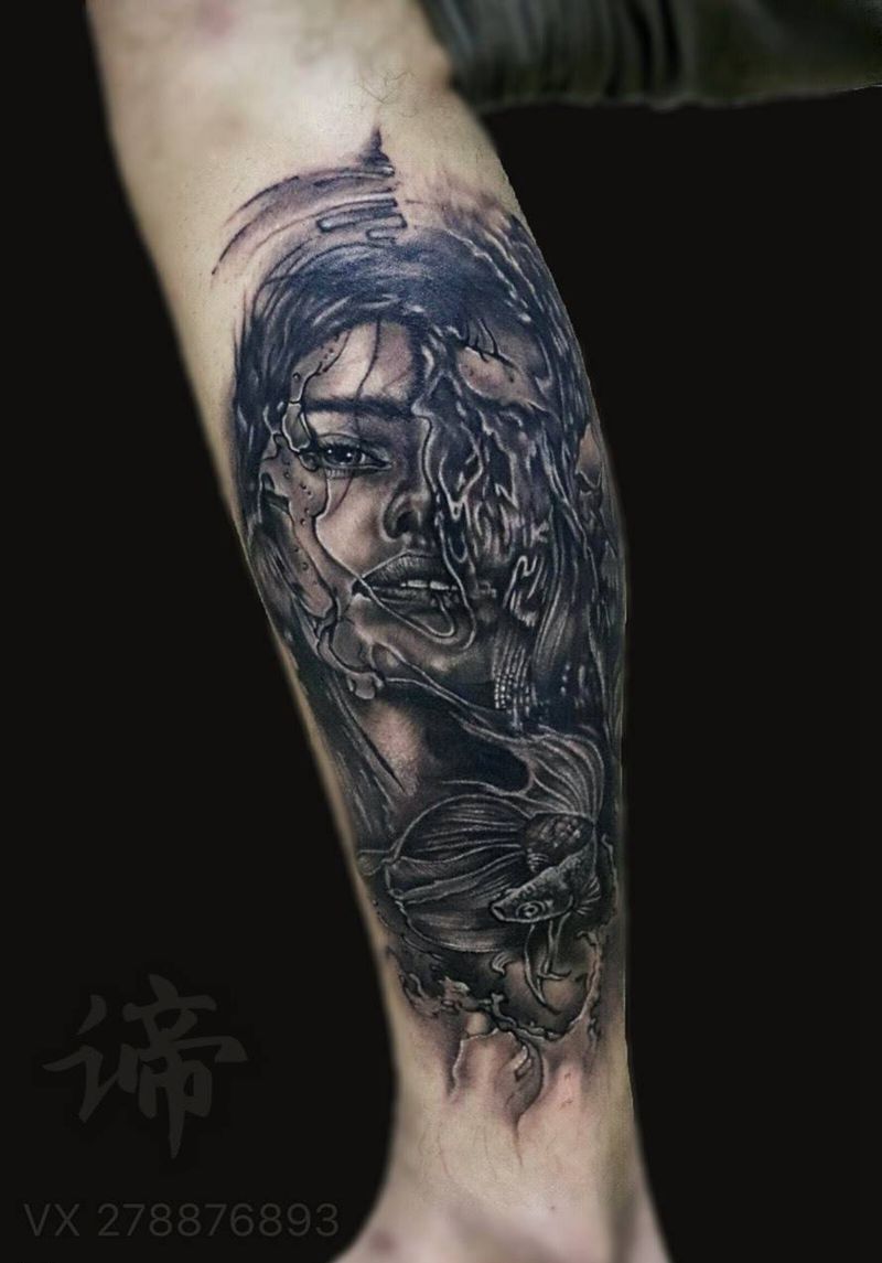 欧美纹身图片_腿部欧美写实水纹身图案