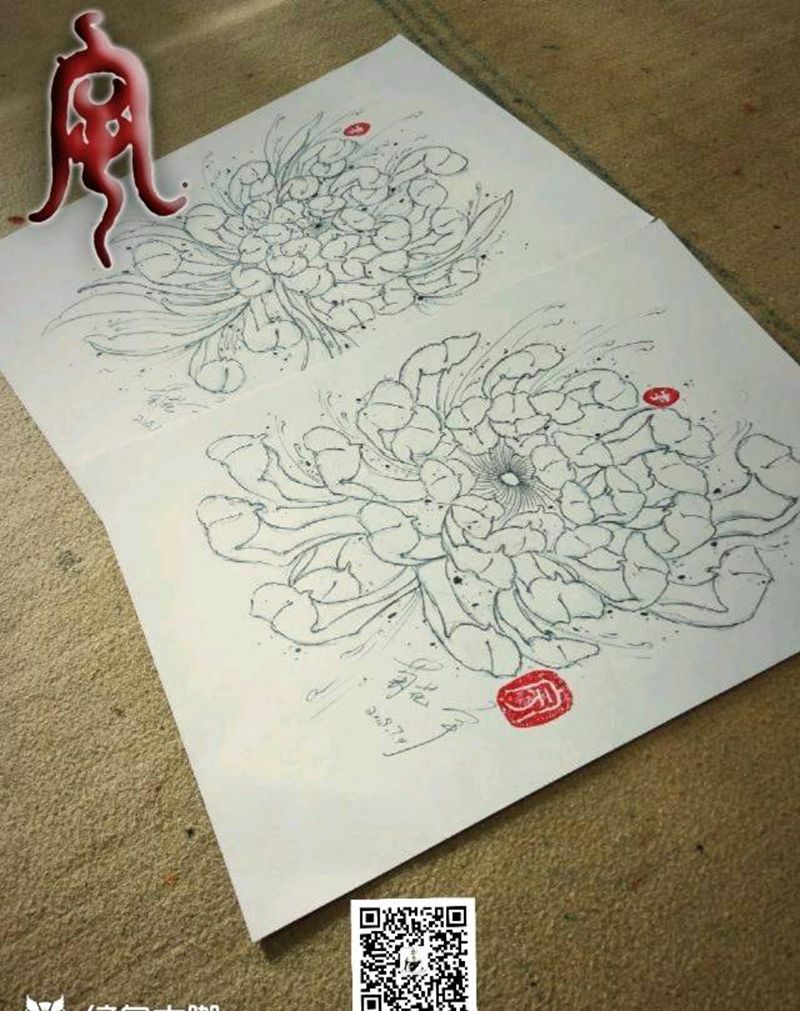 菊花纹身图片_原创宇刺青手稿纹身图案