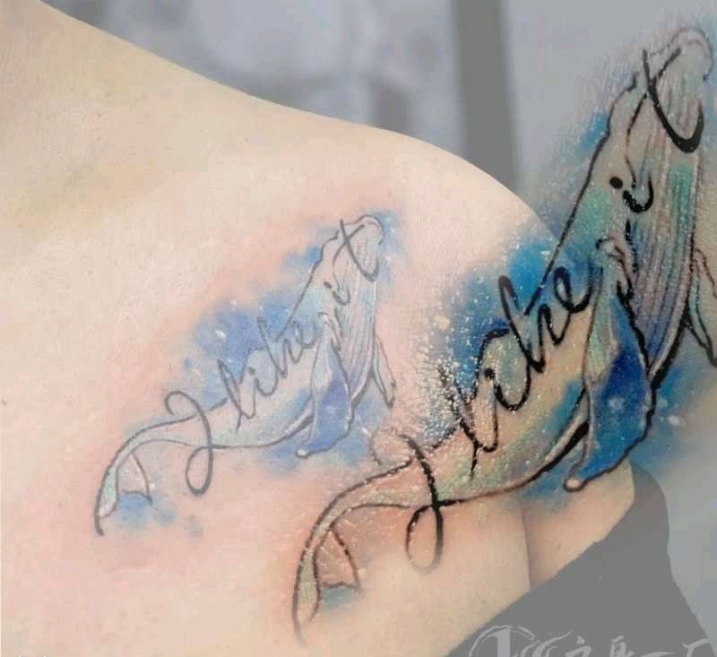 海豚与字母纹身图片_水彩纹身图案