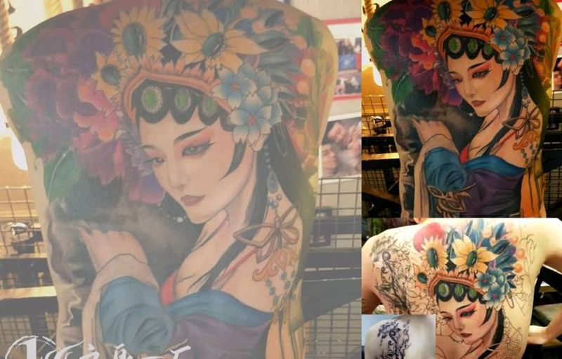 满背花旦遮盖纹身图片_新传统纹身图案