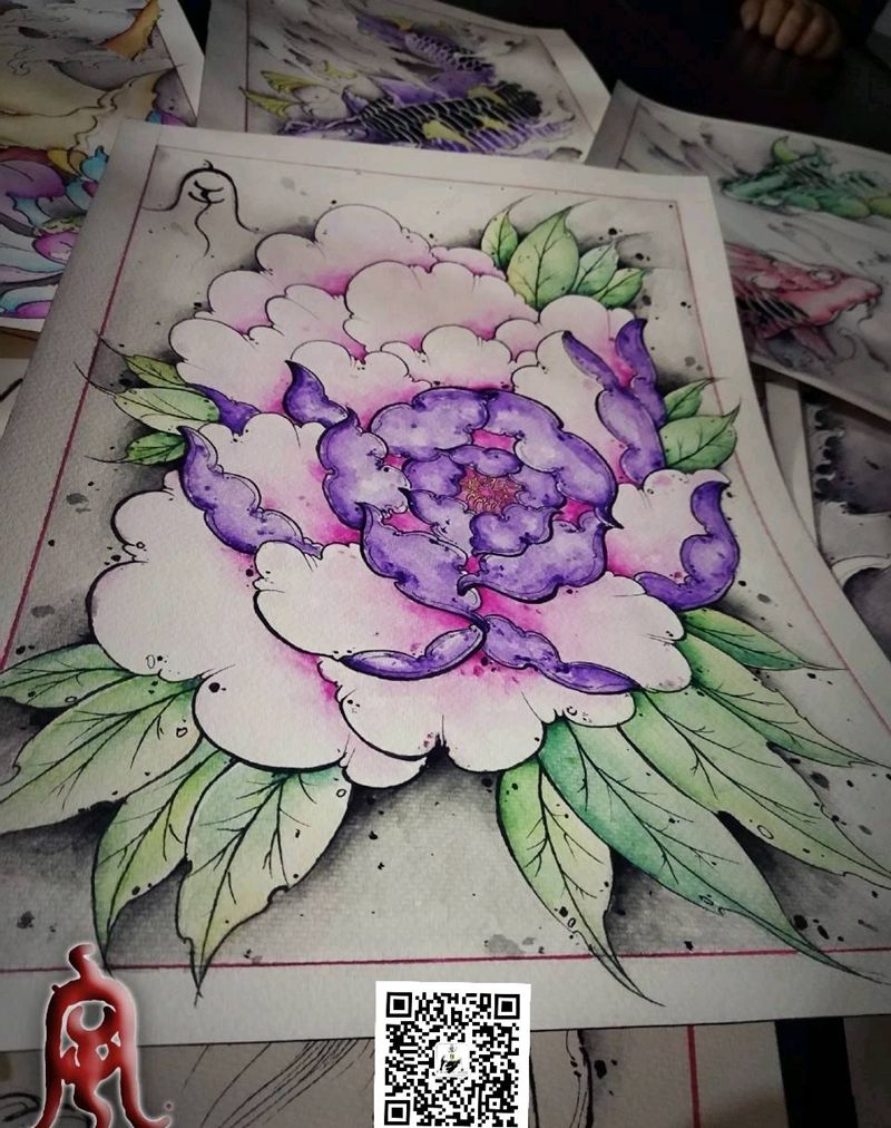 牡丹纹身图片_原创宇刺青成品手稿纹身图案