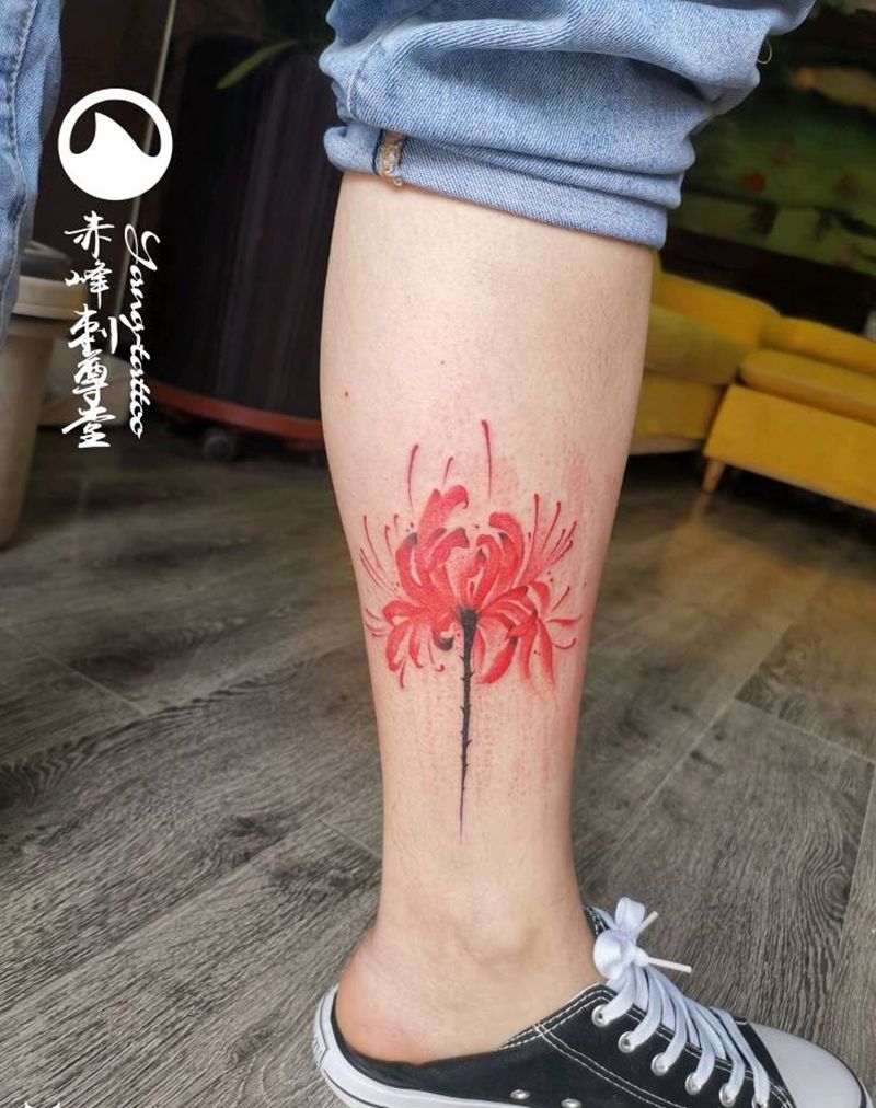 赤峰刺尊堂-彼岸花纹身图片_腿部水彩纹身图案