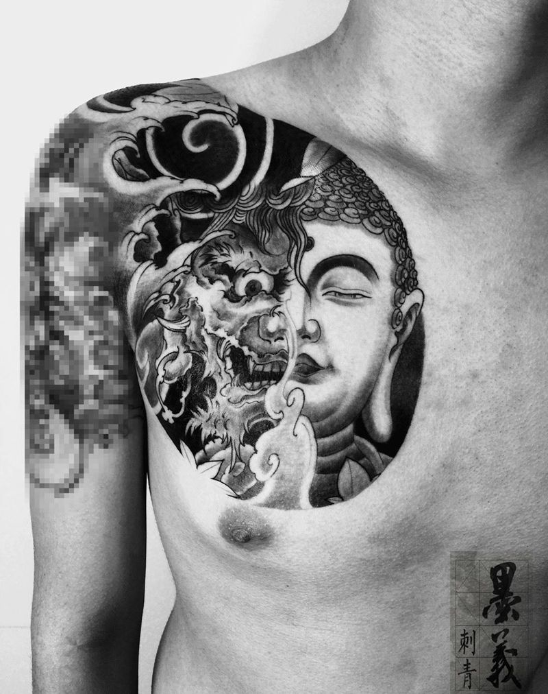一念间纹身图片_成品清新传统鬼神人物胸部纹身图案