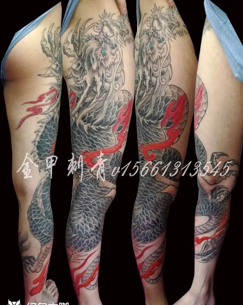 盘龙腿纹身图片_腿部新传统龙凤纹身图案
