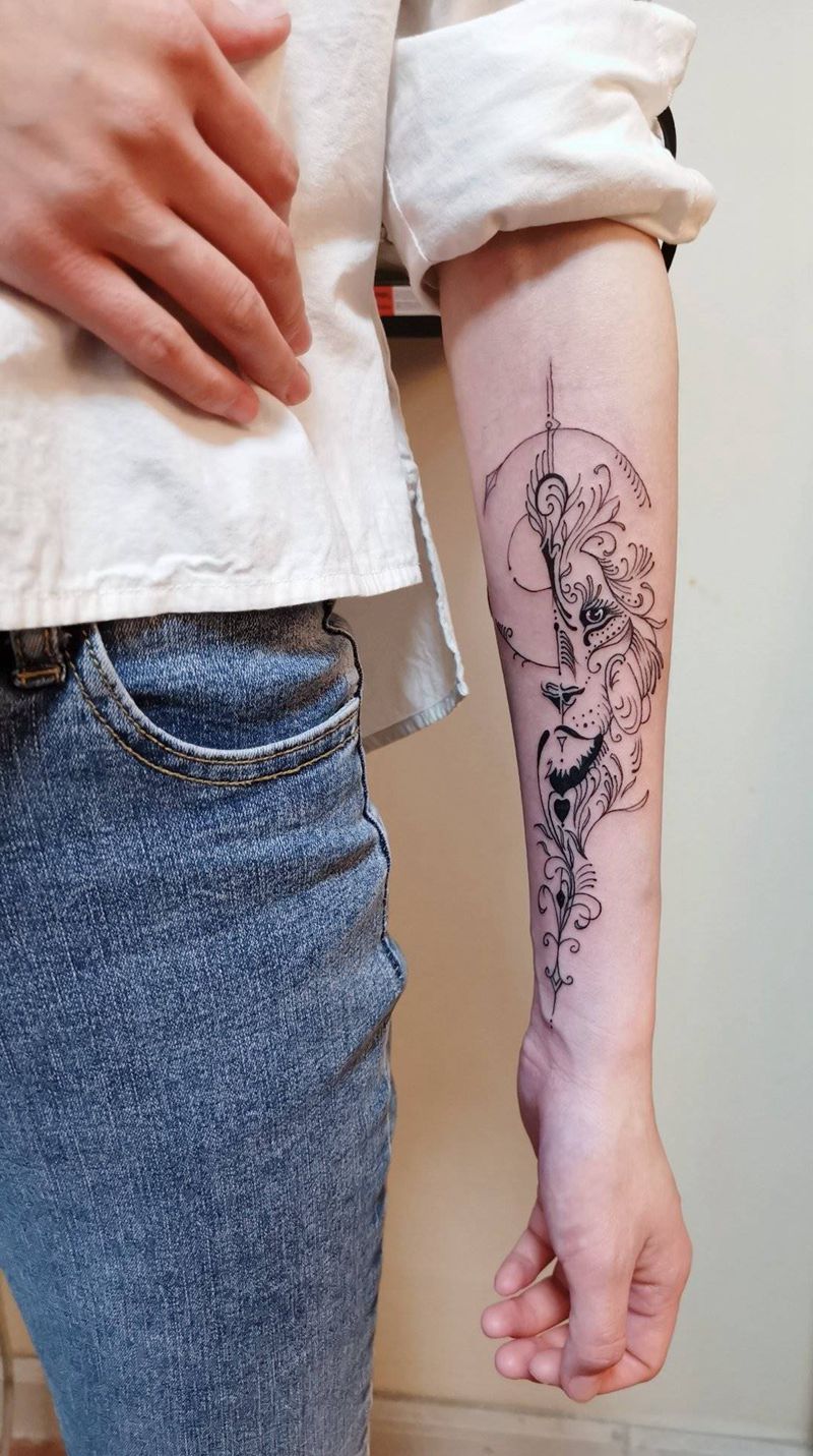 线条狮子纹身图片_手臂纹身图案