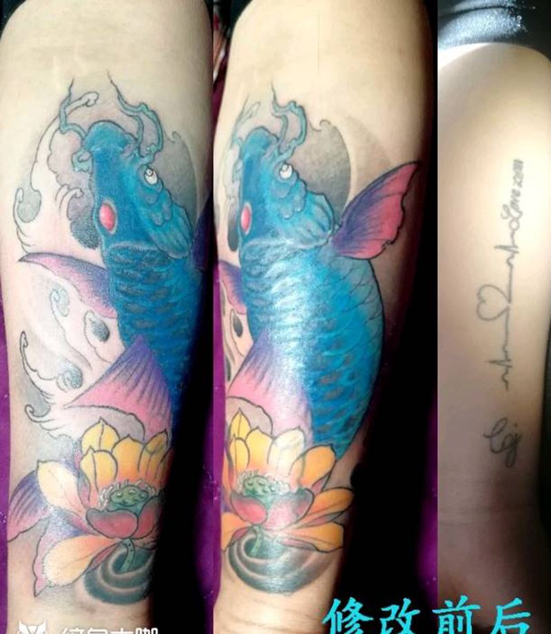 遮盖锦鲤纹身图片_手臂新传统遮盖修改纹身图案