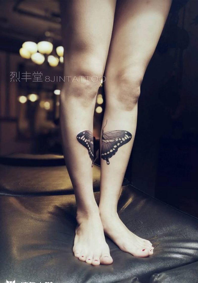 蝴蝶纹身图片_腿部清新动物蝴蝶插画纹身图案