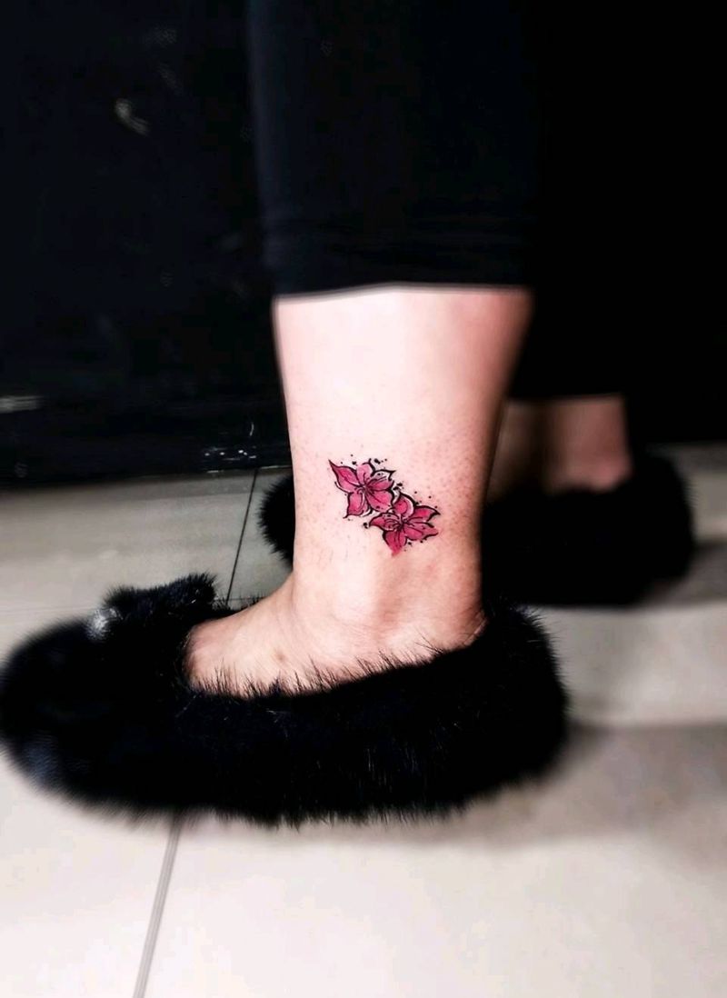 樱花纹身图片_腿部清新静物宇刺青成品纹身图案