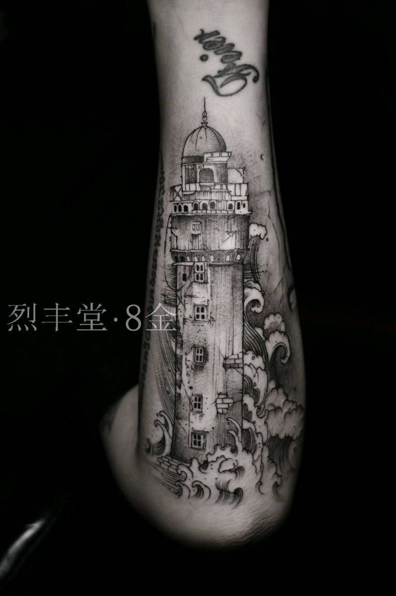 灯塔纹身纹身图片_手臂点刺几何灯塔包头tattoo纹身图案