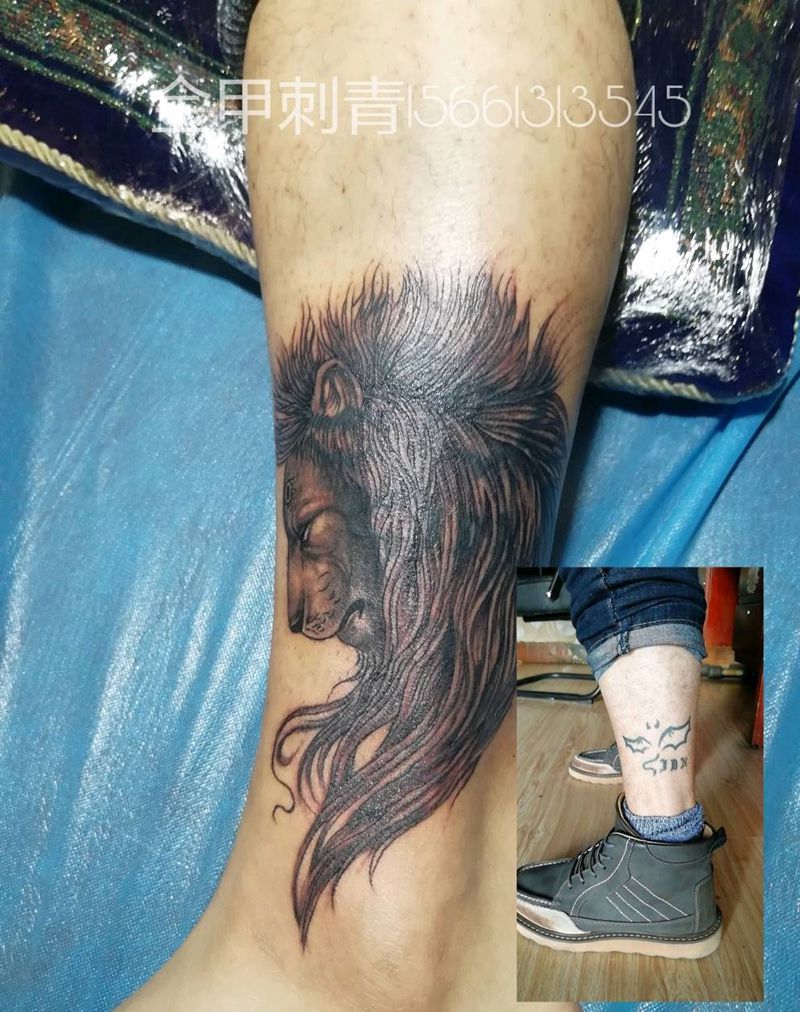 遮盖狮子纹身图片_腿部脚部欧美写实动物成品纹身图案