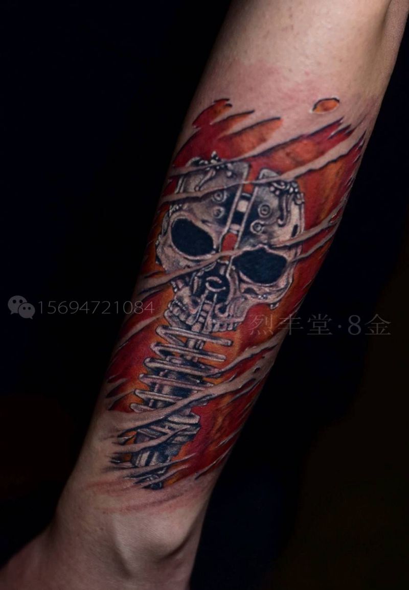 骷髅减震纹身图片_手臂欧美写实骷髅减震纹身图案