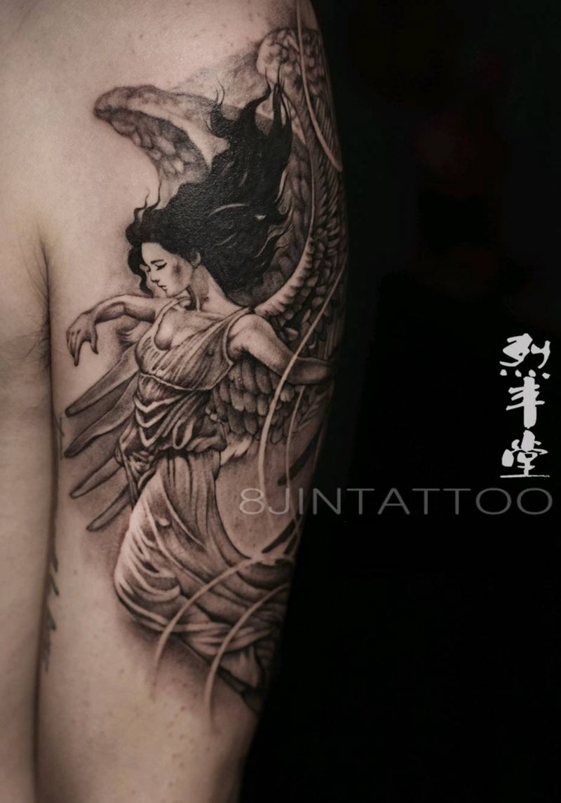天使纹身图片_手臂欧美写实天使翅膀女神纹身图案